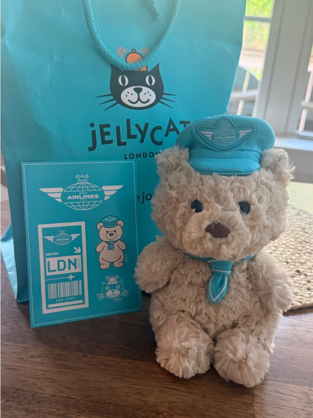 Jellycat Beige Bear Plush with Turquoise Pilot Hat & Scarf